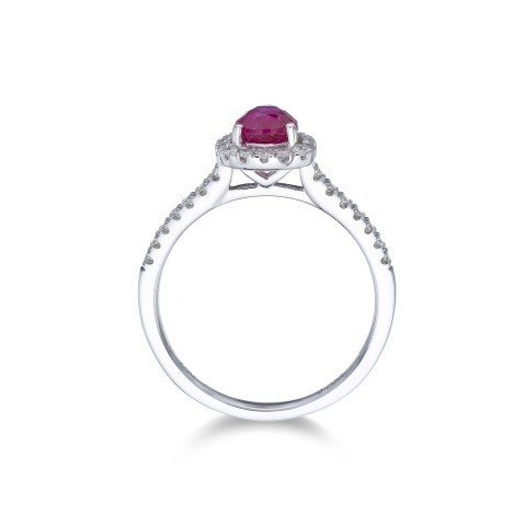 18ct White Gold Pear Cut Ruby 0.75ct Diamond Halo Ring