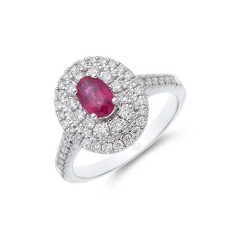 18ct white gold 0.50ct oval cut ruby and 0.47ct double halo and diamond shoulders ring