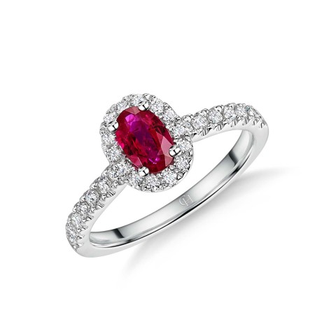18ct White Gold Oval Cut 0.34ct Ruby and 0.49ct Diamond Halo Ring