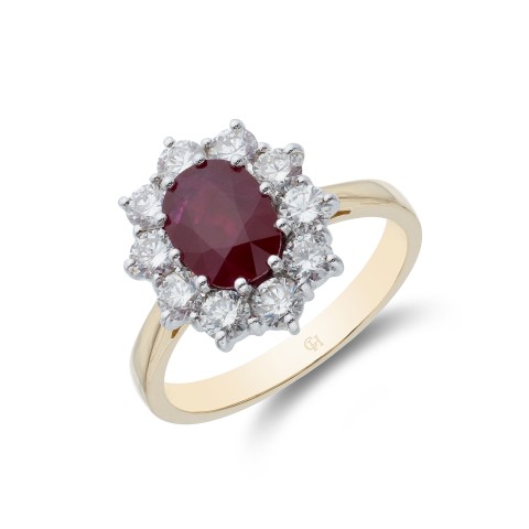 18ct Yellow Gold Oval Cut Ruby and Brilliant Cut Diamond 3.10ct Cluster Ring