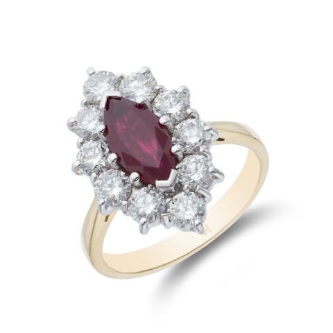 18ct Yellow Gold Marquise Cut Ruby and Brilliant Cut Diamond 2.70ct Cluster Ring