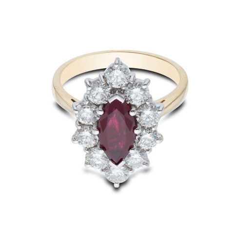 18ct Yellow Gold Marquise Cut Ruby and Brilliant Cut Diamond 2.70ct Cluster Ring
