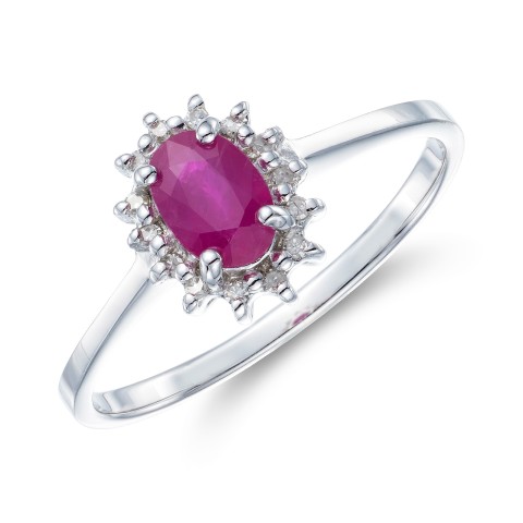 9ct White Gold Oval Cut 0.50ct Ruby and 0.55ct Diamond Cluster Ring