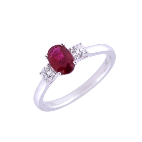 18ct White Gold Oval Cut Ruby and Brilliant Cut Diamond 1.26ct Three Stone Ring