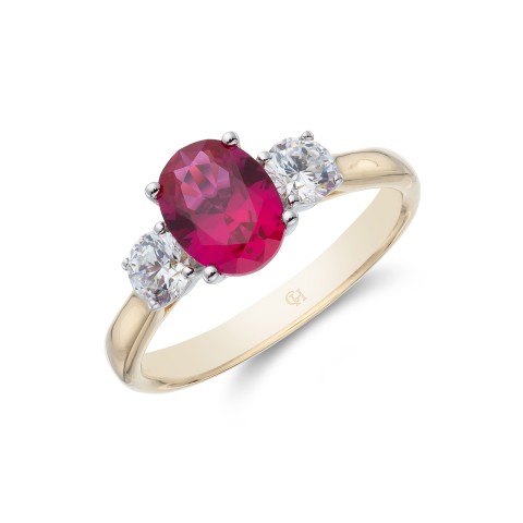 18ct Yellow Gold Oval Cut 1.60ct Ruby and Brilliant Cut 0.46ct Diamond Three Stone Ring