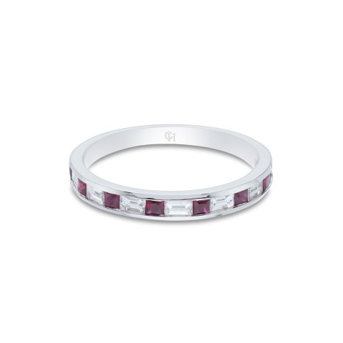 18ct White Gold Princess Cut Ruby 0.28ct And Baguette Diamond 0.41ct Eternity Ring