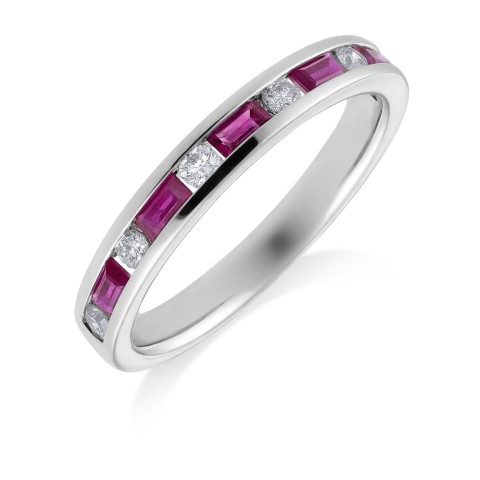 18ct white gold round brilliant diamond 0.10ct and long baguette ruby 0.25ct approx eternity ring