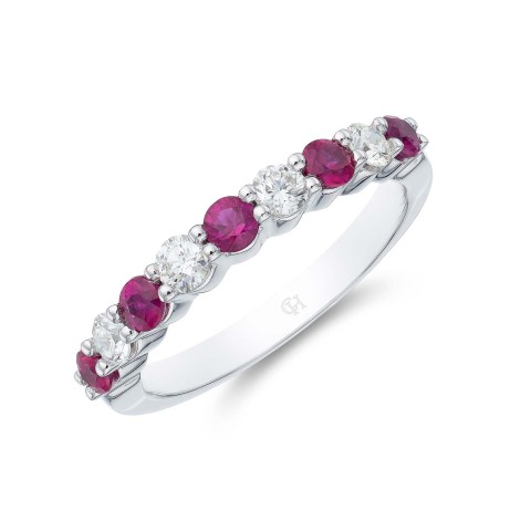 18ct white gold 5x 0.07ct round brilliant cut ruby and 0.32ct diamond eternity ring
