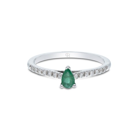 18ct White Gold Pear Cut Emerald Ring with Diamond Shoulders