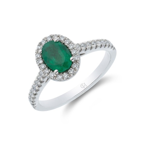 18ct White Gold Oval Cut Emerald 0.75ct Diamond Halo Ring