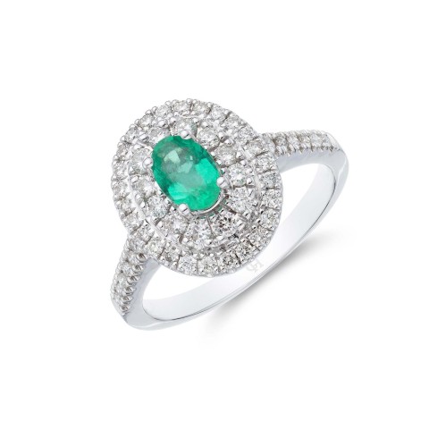 18ct White Gold 0.50ct Oval Cut Emerald and 0.47ct Halo Diamond Ring