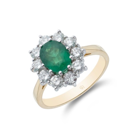18ct Yellow Gold Oval Cut Emerald and Brilliant Cut Diamond 2.40ct Cluster Ring