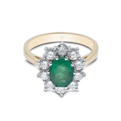 18ct Yellow Gold Oval Cut Emerald and Brilliant Cut Diamond 2.40ct Cluster Ring