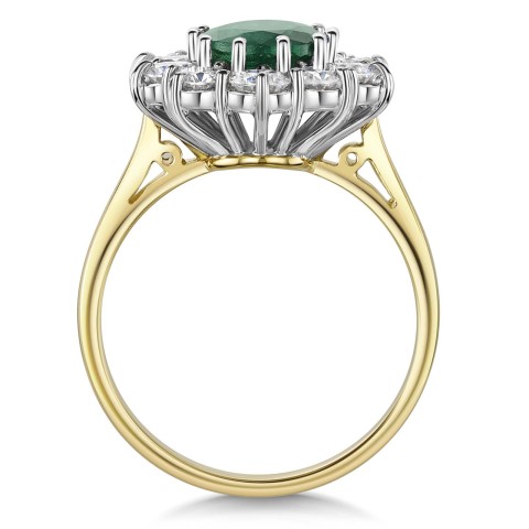 18ct Yellow Gold Oval Cut Emerald and Brilliant Cut Diamond 2.25ct Cluster Ring