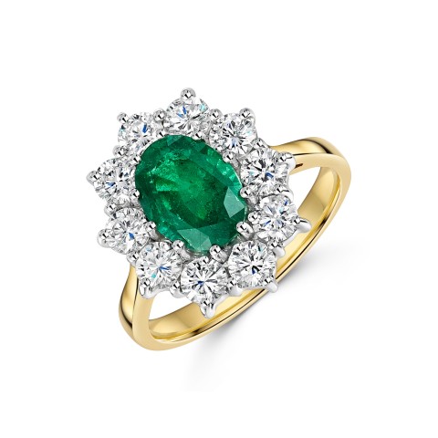 18ct Yellow Gold Oval Cut Emerald and Brilliant Cut Diamond 2.25ct Cluster Ring