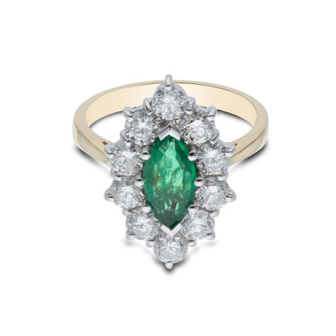18ct Yellow Gold Marquise Cut Emerald and Brilliant Cut Diamond 2.35ct Cluster Ring