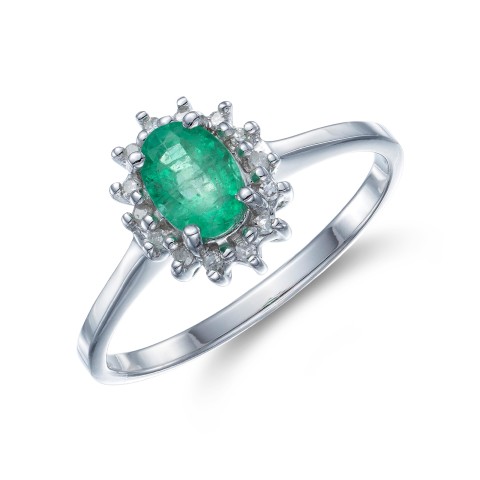 9ct White Gold 0.50ct Oval Emerald and 0.55ct Diamond Cluster Ring