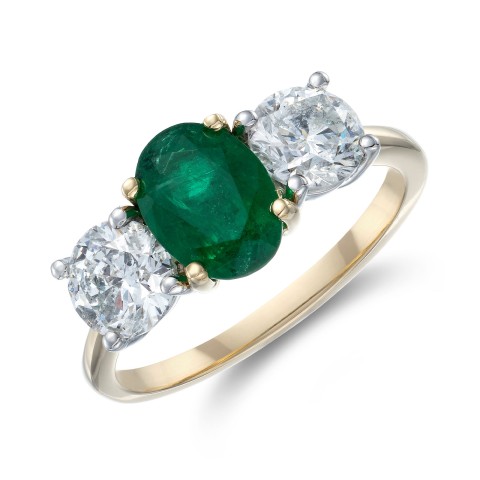 18ct Yellow Gold Oval Cut 1.00ct Emerald and Round 1.40ct Diamond Three Stone Ring
