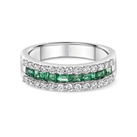 18ct White Gold Princess Cut 0.15ct Emerald and 0.47ct Diamond Row Ring