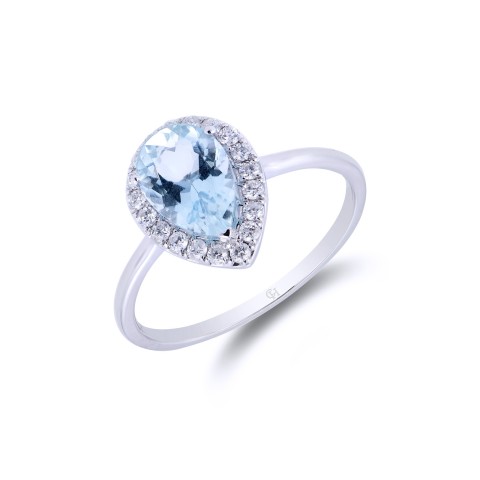 18ct White Gold Pear Cut Aquamarine 1.30ct Diamond Halo Ring