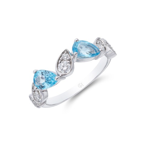 18ct White Gold 0.34ct Round Brilliant Diamond and Pear Blue Topaz Fancy Cluster Ring