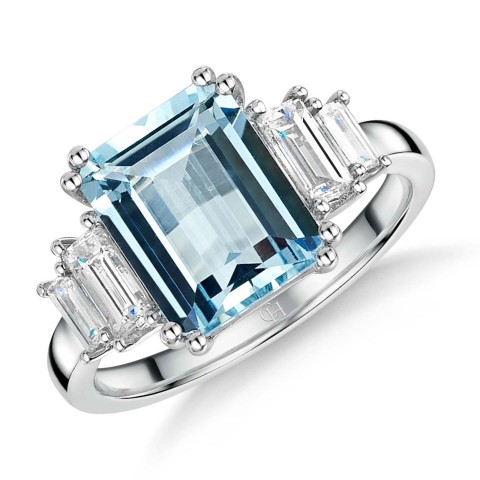 18ct White Gold Emerald Cut 3.00ct Aquamarine and 0.60ct Diamond  Five Stone Ring