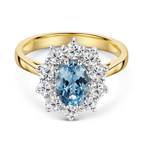 18ct Yellow Gold 1.24ct Oval Cut Aquamarine and 1.10ct Diamond Cluster Ring