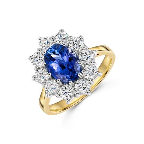 18ct Yellow Gold Oval Cut Tanzanite and Brilliant Cut Diamond 3.50ct Cluster Ring