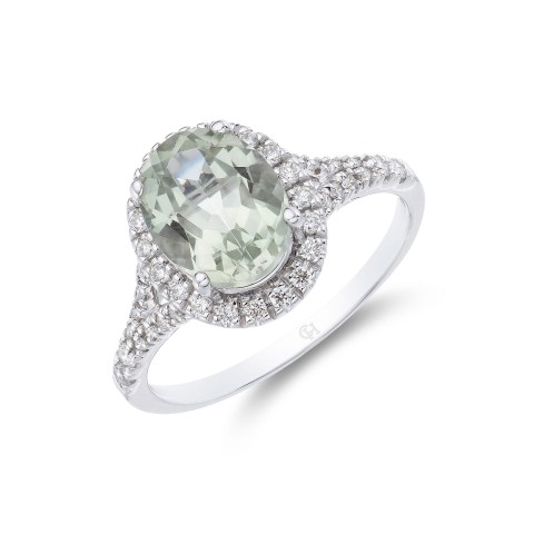 18ct White Gold Brilliant Cut Diamond  Oval Cut Green Amethyst 0.23ct And 2.00ct Halo Ring