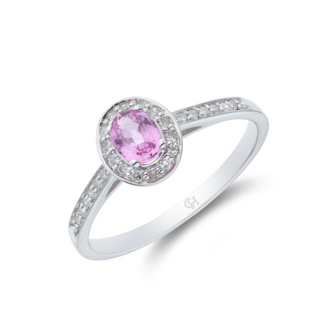 9ct White Gold Oval Cut Pink Sapphire 0.53ct  Diamond Halo Ring