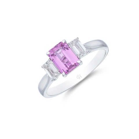 18ct White Gold 0.49ct Diamond 1.30ct Pink Sapphire Three Stone Ring 
