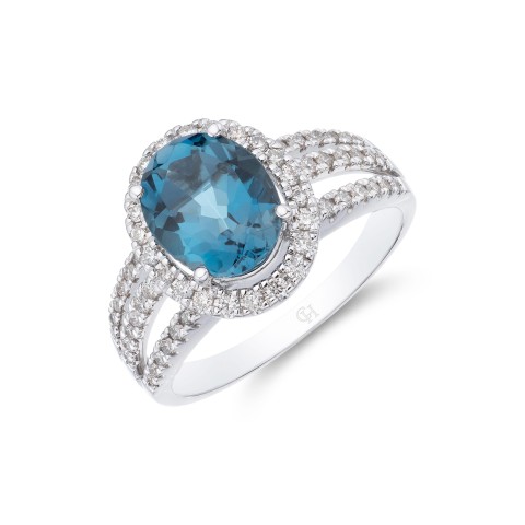 18ct White Gold Round Brilliant Diamond 0.23ct and Oval Blue Topaz 2.00ct Halo Ring 1
