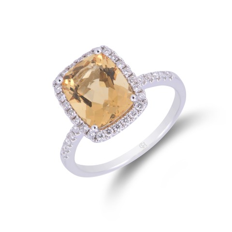 18ct white gold 3.06ct cushion cut citrine and 0.30ct round brilliant diamond claw set cluster with diamond shoulders