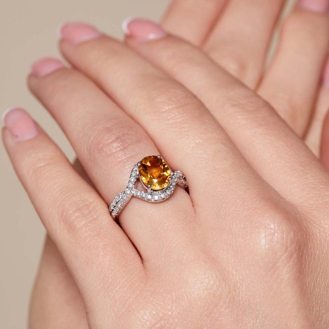 18ct White Gold 2.34ct Oval Cut Citrine and Brilliant Cut Diamond Twisted Shoulders Ring