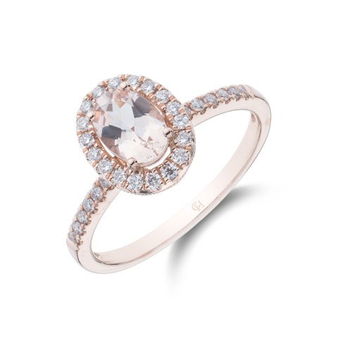 18ct Rose Gold Oval Cut Morganite 0.98ct Diamond Halo Ring