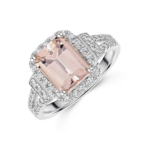 18ct White Gold Baguette Cut Morganite 0.34ct and Round Brilliant Cut 2.50ct Diamond Cluster Ring