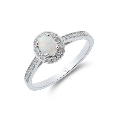 9ct White Gold Oval Cut Opal 0.53ct Diamond Halo Ring
