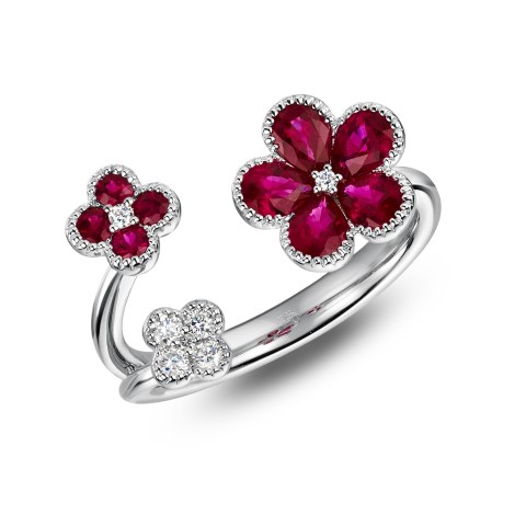 18ct White Gold 0.90ct Pear Ruby and 0.09ct Brilliant Diamond Flower Ring