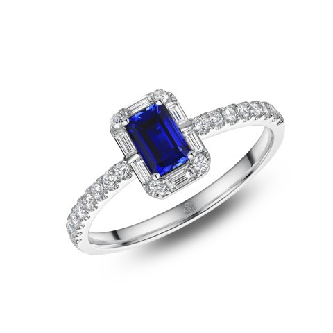 18ct White Gold Baguette Cut 0.45ct Sapphire and 0.65ct Diamond Solitaire ring