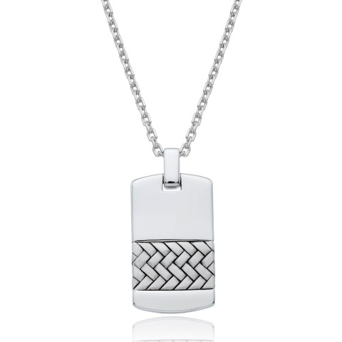 Sterling Silver Herringbone Dog Tag Pendant Necklace 1