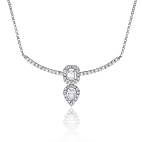 18ct White Gold Pear Emerald & Brilliant cut 0.33ct Diamond Necklace