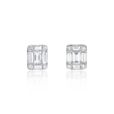 18ct White Gold Baguette and Brilliant Cut 0.50ct Diamond Cluster Stud Earrings