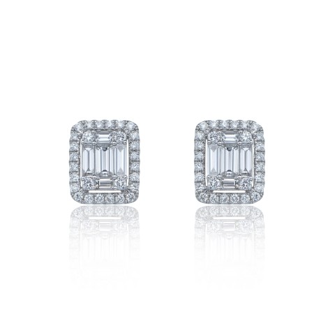 18ct White Gold Baguette and Brilliant Cut 1.44ct Diamond Cluster Stud Earrings 1