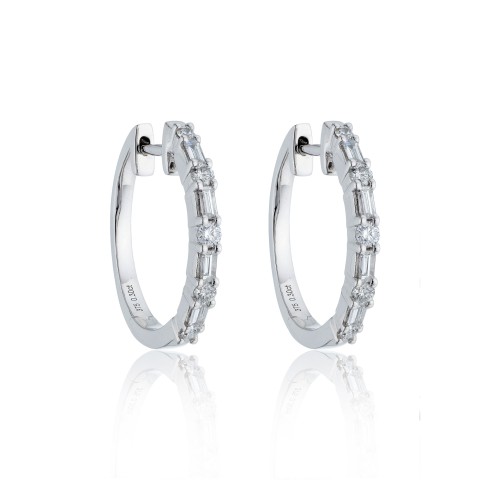 9ct White Gold 0.60ct Baguette and Round Brilliant Cut Diamond Hoop Earrings