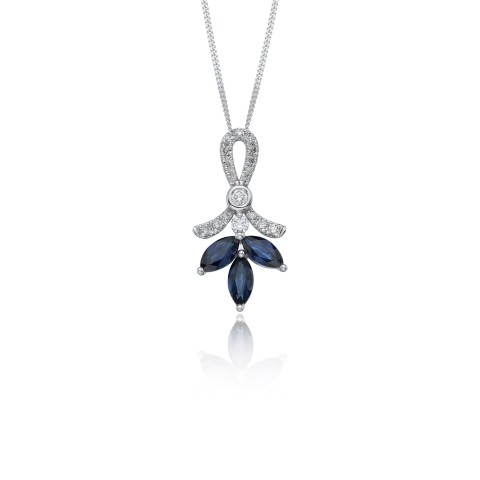 9ct White Gold Marquise Cut 0.18ct Diamond and Sapphire Pendant
