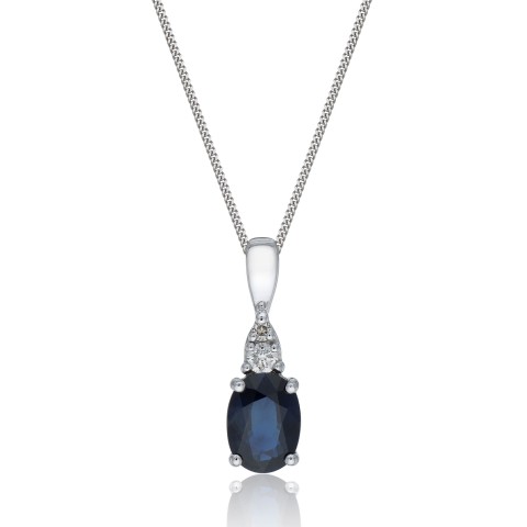 9ct White Gold 0.05ct Diamond and Sapphire Pendant Necklace