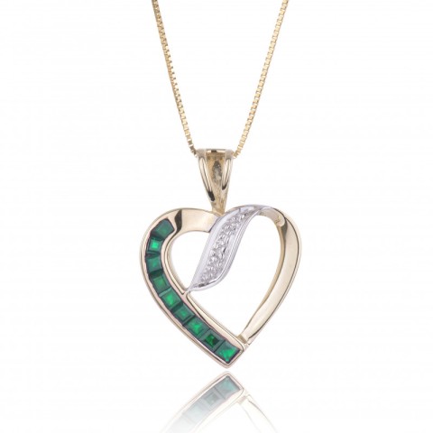 9ct Yellow Gold Princess Cut Emerald and Diamond Cluster Heart Pendant