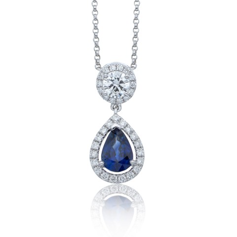18ct White Gold Pear Cut Sapphire 1.35ct Diamond Halo Drop Pendant