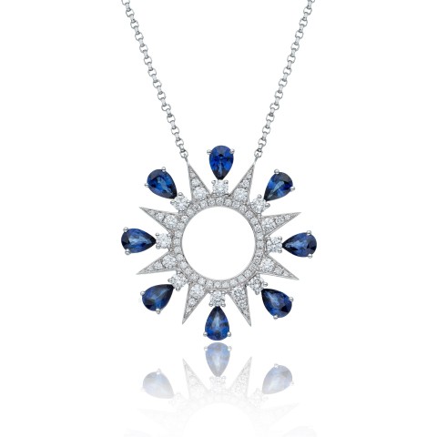 18ct White Gold Pear Cut Sapphire Diamond 4.85ct Celestial Style Pendant 1 
