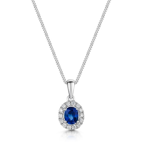 18ct White Gold 0.53ct Diamond And 0.17ct Sapphire Oval Halo Pendant
